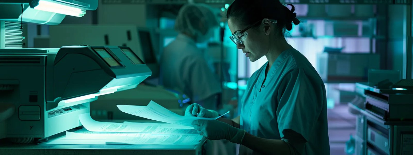 A woman in a lab coat examines a computer, symbolizing advancements in healthcare communication.