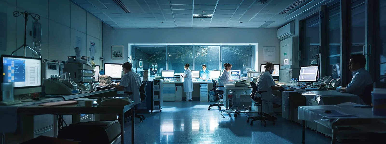 A hospital room featuring multiple staff members collaborating on computers, highlighting the use of epic fax integration.