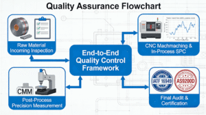 Flowchart diagram illustrating the integrated quality control system for precision turned parts, including SPC and CMM verification.
