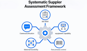 Infographic illustrating the 5-pillar framework for evaluating a CNC turning supplier, including quality, equipment, and communication criteria.

