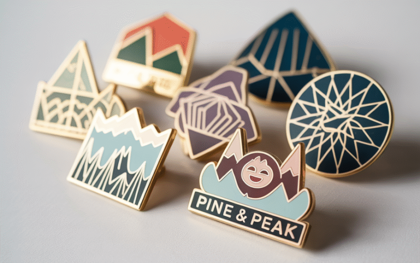 Multiple detailed custom pins arranged neatly.