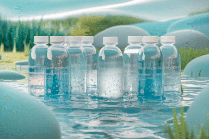 The image depicts a tranquil natural landscape featuring a clear, flowing stream symbolizing purity and hydration, with transparent water bottles subtly hinting at bubbles to represent superoxygenated water, arranged in the foreground to suggest 12-pack and 24-pack formats, all under soft natural lighting reflecting off the water surface, using a calming palette of blues and greens to convey a sense of wellness and rejuvenation, appealing to a diverse audience focused on health and recovery.