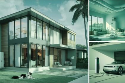 The image showcases a modern, energy-efficient home in Tampa Bay, Florida, featuring sleek air conditioning units, organized ductwork, and a state-of-the-art thermostat, with lush greenery and a pet-friendly atmosphere symbolized by a dog lounging in a sunlit room, alongside subtle hints of electrical panel upgrades and an electric vehicle charging in the driveway, all in a calming palette of blues and greens that convey sustainability and trust.