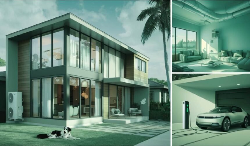 The image showcases a modern, energy-efficient home in Tampa Bay, Florida, featuring sleek air conditioning units, organized ductwork, and a state-of-the-art thermostat, with lush greenery and a pet-friendly atmosphere symbolized by a dog lounging in a sunlit room, alongside subtle hints of electrical panel upgrades and an electric vehicle charging in the driveway, all in a calming palette of blues and greens that convey sustainability and trust.