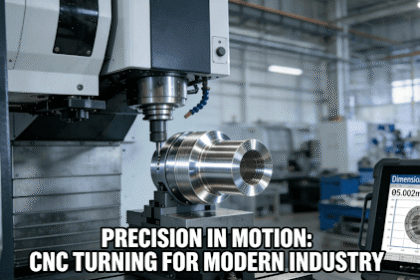 A high-precision CNC turning machine manufacturing a complex metal component in a modern industrial setting.