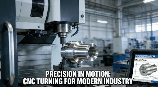 A high-precision CNC turning machine manufacturing a complex metal component in a modern industrial setting.