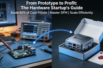 A composite image contrasting a messy electronics prototyping workstation with a polished, final hardware product, illustrating the journey from prototype to mass production.