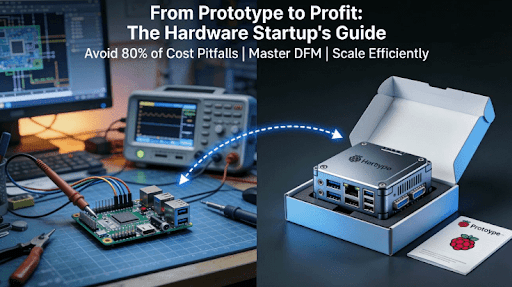 A composite image contrasting a messy electronics prototyping workstation with a polished, final hardware product, illustrating the journey from prototype to mass production.