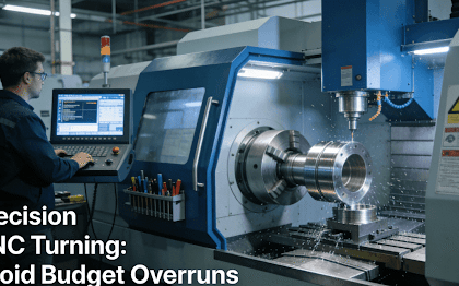 Engineer operating precision CNC turning machine in a modern manufacturing facility, focusing on metal part fabrication.