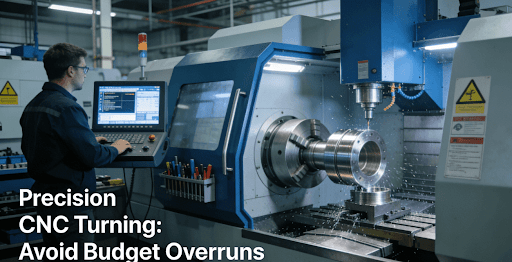 Engineer operating precision CNC turning machine in a modern manufacturing facility, focusing on metal part fabrication.