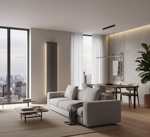 modern living room with designer radiator