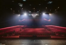 View from the stage of a large theatre auditorium with red seats and bright overhead lights, illustrating live performance venues associated with UK musical comedy